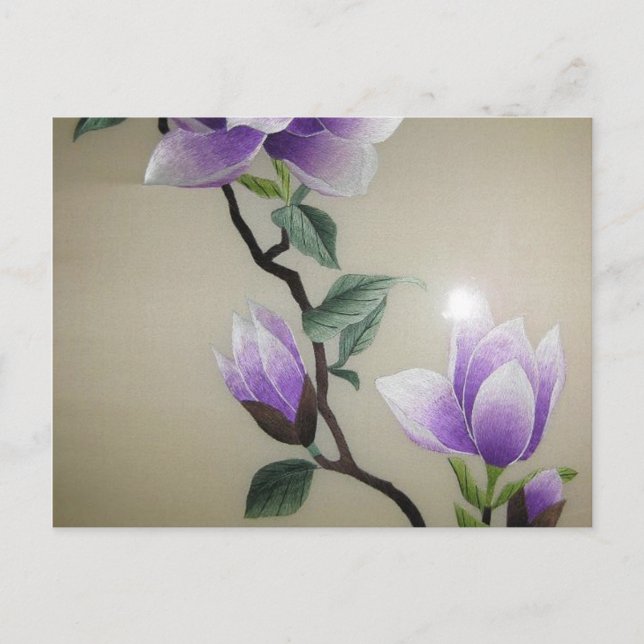 Zen Embroidery purple magnolia flower Postcard (Front)