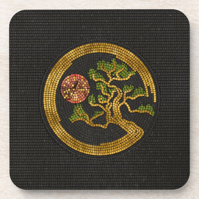 Zen Enso Circle and Bonsai Tree Mosaic Beverage Coaster (Front)