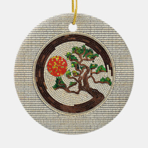 Zen Enso Circle and Bonsai Tree Mosaic Ceramic Ornament