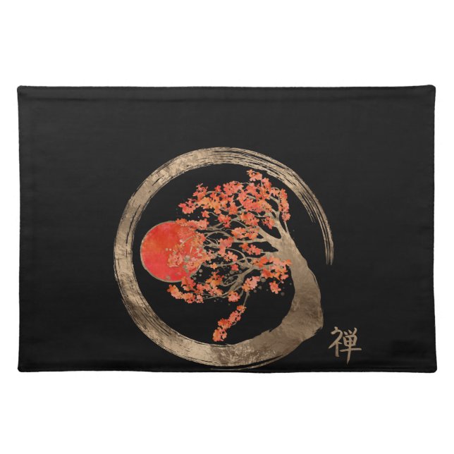 Zen Enso Circle and Golden Sakura Tree Cloth Placemat (Front)