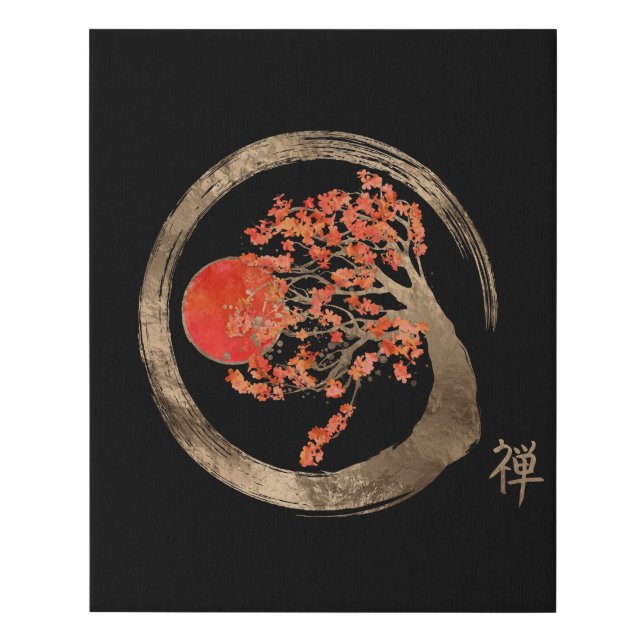 Zen Enso Circle and Golden Sakura Tree Faux Canvas Print (Front)