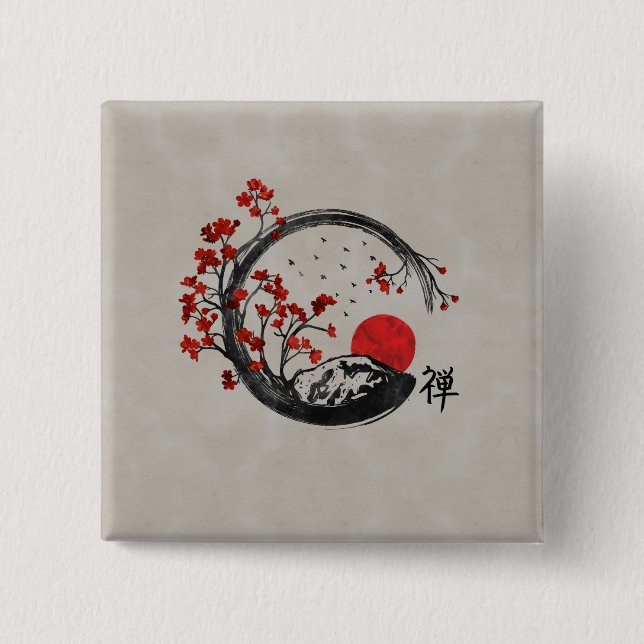 Zen Enso Circle and Sakura Branches Button (Front)