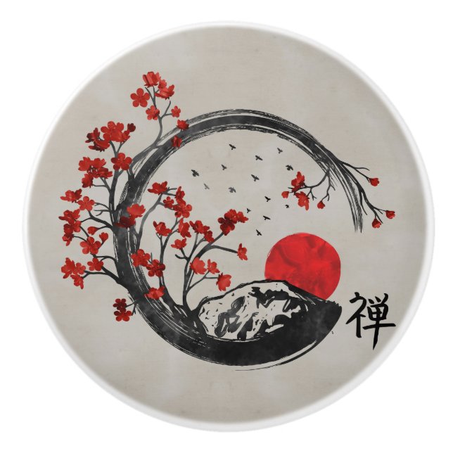 Zen Enso Circle and Sakura Branches Ceramic Knob (Front)