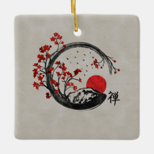 Zen Enso Circle and Sakura Branches Ceramic Ornament