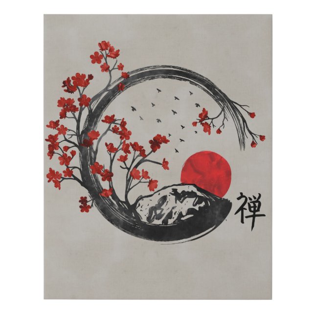 Zen Enso Circle and Sakura Branches Faux Canvas Print (Front)