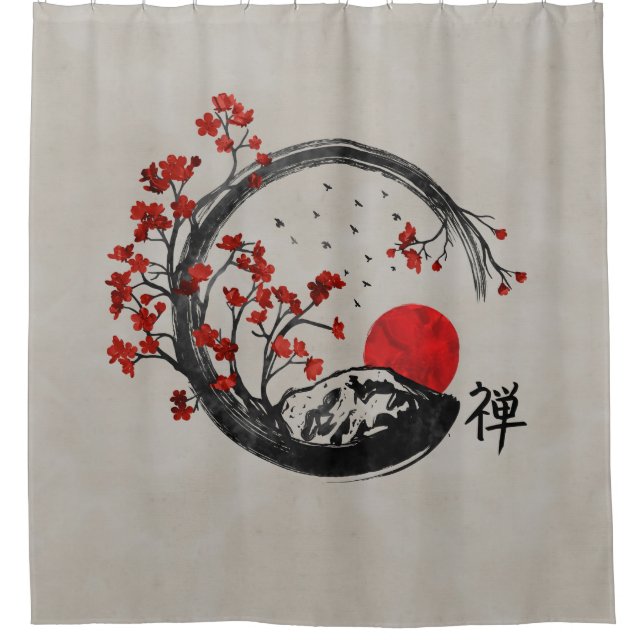 Zen Enso Circle and Sakura Branches Shower Curtain (Front)