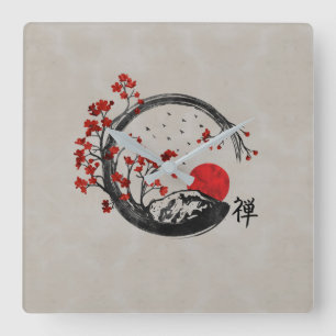 Zen Enso Circle and Sakura Branches Square Wall Clock