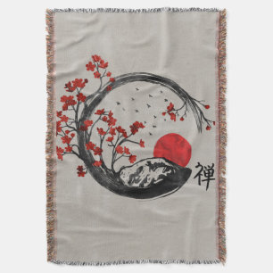 Zen Enso Circle and Sakura Branches Throw Blanket