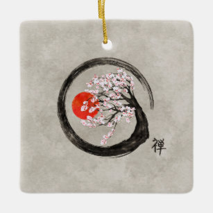 Zen Enso Circle and Sakura Tree on Canvas Ceramic Ornament