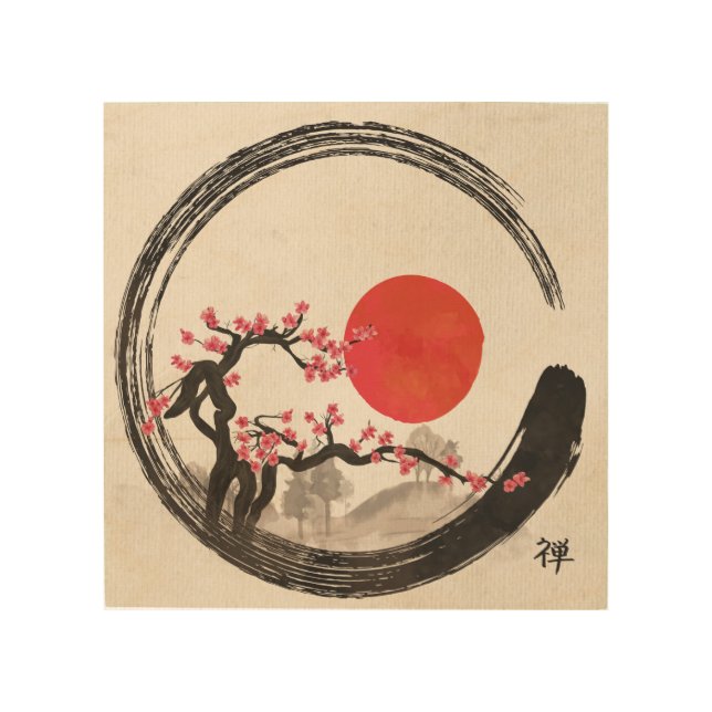 Zen Enso Circle and Sakura Tree Wood Wall Art (Front)
