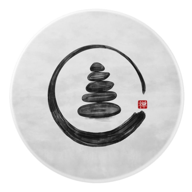 Zen Enso Circle and Zen stones - Watercolor Ceramic Knob (Front)