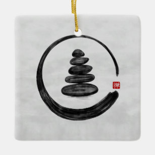 Zen Enso Circle and Zen stones - Watercolor Ceramic Ornament