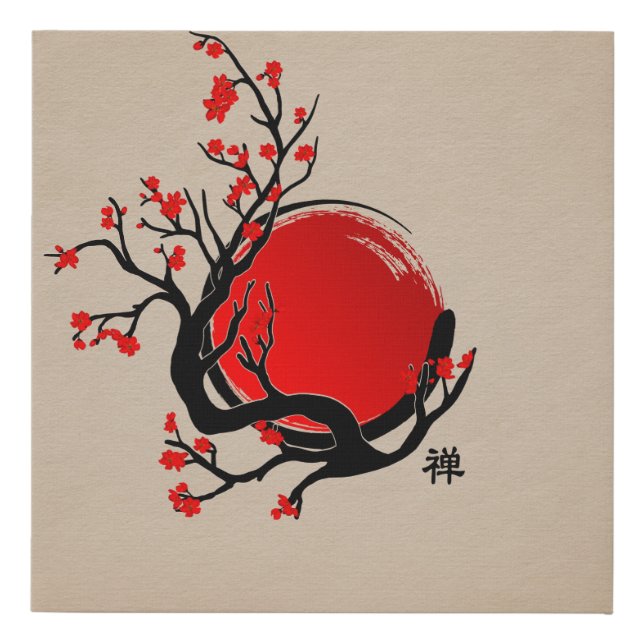 Zen Enso Circle, Sun and Red Sakura Blossom Faux Canvas Print (Front)