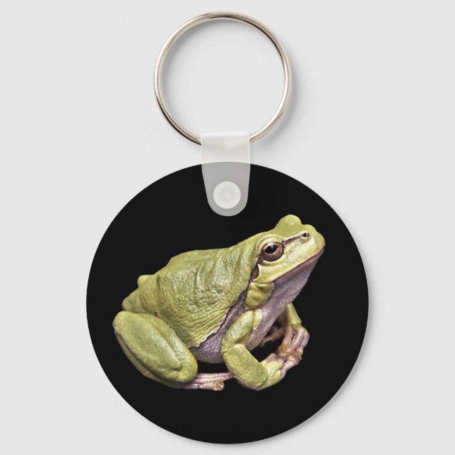 Zen Frog Cute Green Meditation Treefrog Black Keychain (Front)
