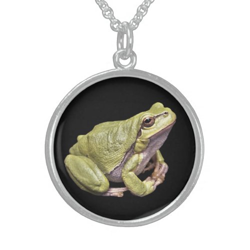 Zen Frog Cute Green Treefrog Black Sterling Silver Necklace