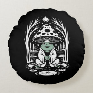 Zen Frog Under Mushroom– Meditating Frog Nature  Round Pillow