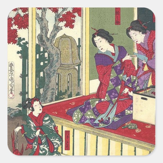 zen garden fall maple tree kimono japanese geisha square sticker (Front)