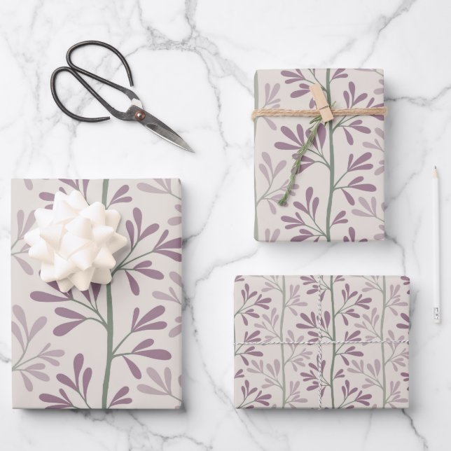Zen Garden Stems Mauve and Green Botanical Wrapping Paper Sheets (Front)