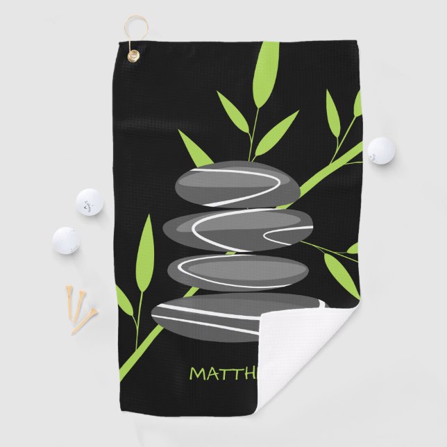 Zen golf towel with stacked pebble rocks design (InSitu)