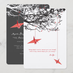 Zen Hanging Red Paper Cranes Quote Asian Wedding Invitation