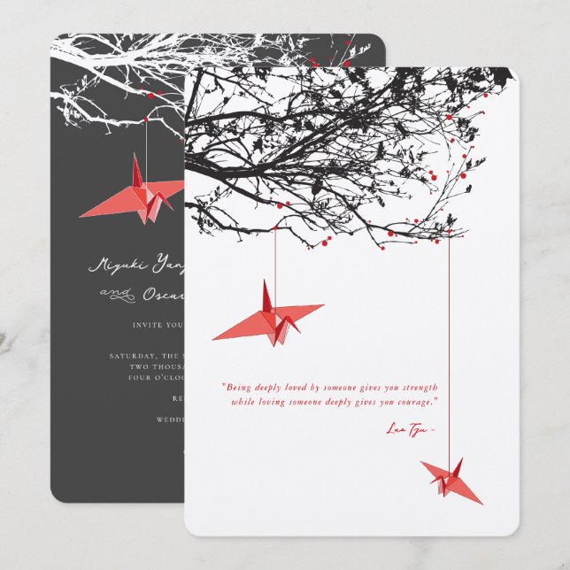 Zen Hanging Red Paper Cranes Quote Asian Wedding Invitation (Front/Back)