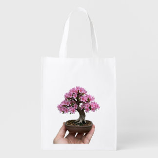 Zen in Palm: Miniature Blooming Azalea Bonsai Art Grocery Bag
