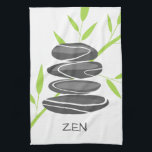 Zen kitchen towel with pebble stones stacking art<br><div class="desc">Zen kitchen towel with pebble stones stacking art. Graphic design with green bamboo leaves. Elegant zen art print for meditation class, beauty spa salon, spirituality center, massage therapist, wedding theme, relaxing nature party, Buddhism, yoga, holistic teacher, life coach, mindfulness, mental health business, shop, company etc. Stacked rocks balancing on top...</div>