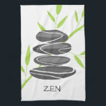 Zen kitchen towel with pebble stones stacking art<br><div class="desc">Zen kitchen towel with pebble stones stacking art. Graphic design with green bamboo leaves. Elegant zen art print for meditation class, beauty spa salon, spirituality center, massage therapist, wedding theme, relaxing nature party, Buddhism, yoga, holistic teacher, life coach, mindfulness, mental health business, shop, company etc. Stacked rocks balancing on top...</div>