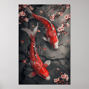 Zen Koi Fish and Cherry Blossoms Poster