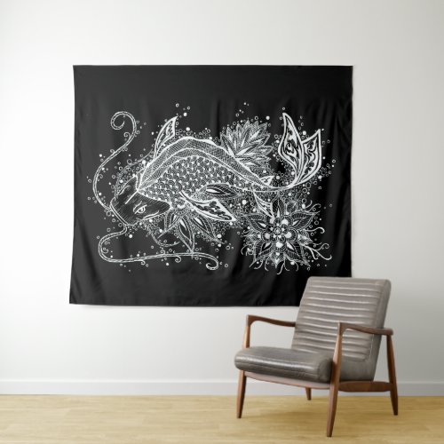 Zen Koi White on Black Wall Tapestry