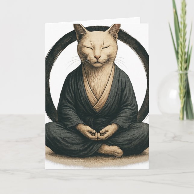 Zen Meditating Cat – Enso Circle Mindful Yoga Art  Card (Front)