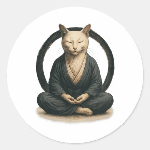 Zen Meditating Cat – Enso Circle Mindful Yoga Art Classic Round Sticker