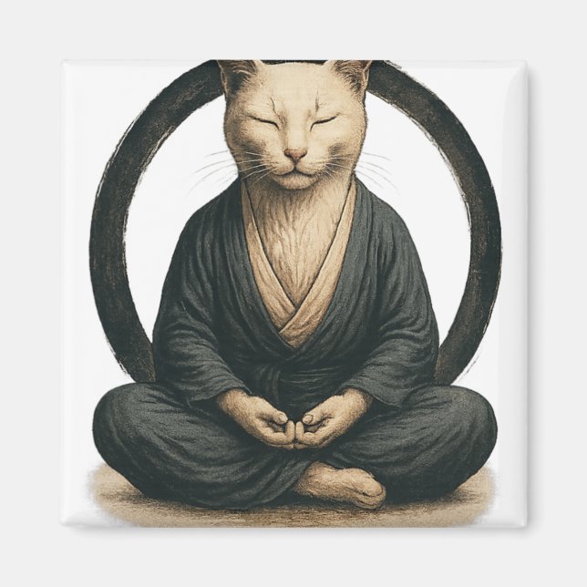 Zen Meditating Cat – Enso Circle Mindful Yoga Art  Magnet (Front)