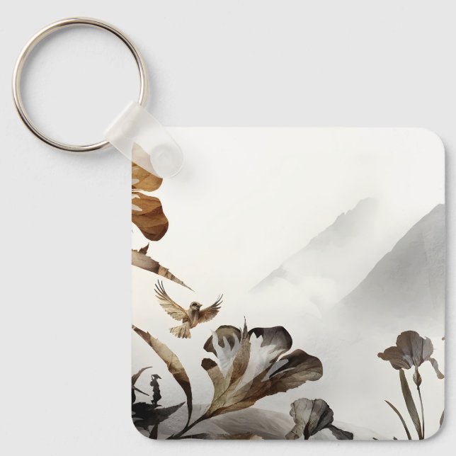 Zen Misty Mountain Birds Minimalist Nature Keychain (Front)