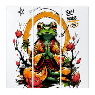 Zen Mode On Meditating Frog Monk Triptych
