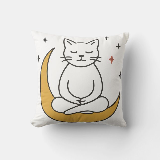 Zen Moon Cat Meditation Art Throw Pillow (Front)