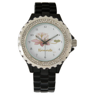 *~* Zen Namaste Pink Lotus Flower Spiritual Black Watch