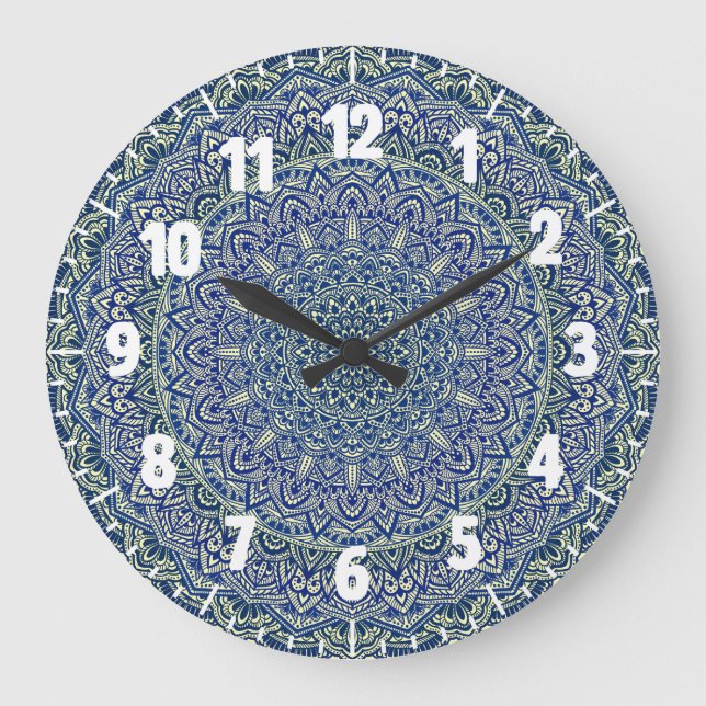 Zen Navy and yellow Mandala Large Clock (Front)
