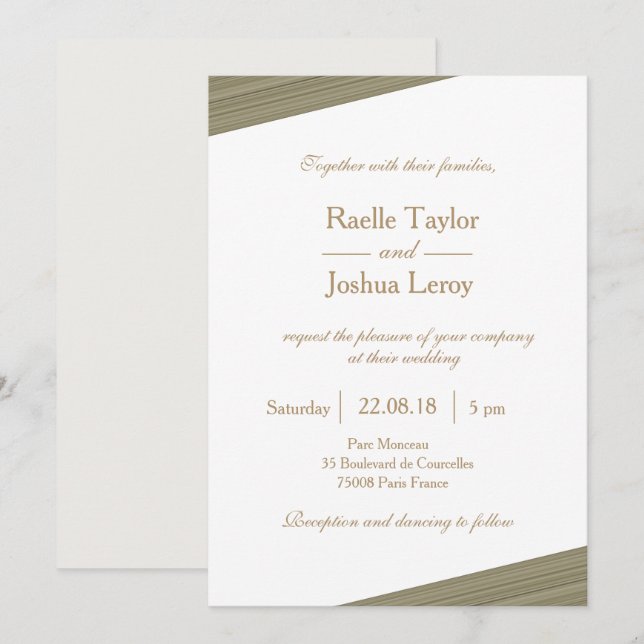 Zen olive gold white gray subtle stripes wedding invitation (Front/Back)
