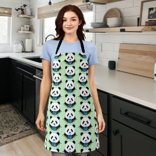 Zen Panda Bear Blue Lotus Yin Yang Green Apron