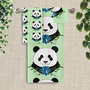 Zen Panda Bear Blue Lotus Yin Yang Green Bath Towel Set