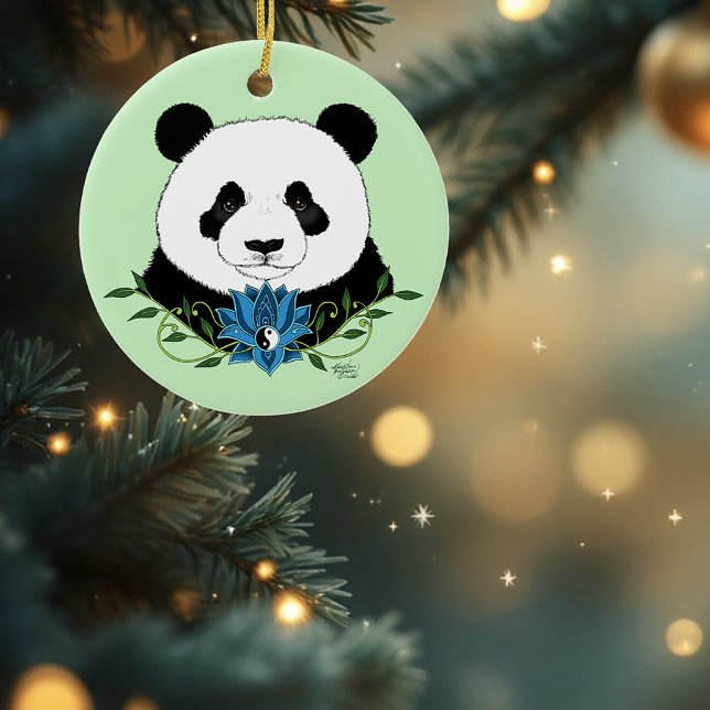 Zen Panda Bear Blue Lotus Yin Yang Green Ceramic Ornament (Creator Uploaded)