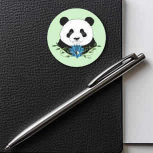 Zen Panda Bear Blue Lotus Yin Yang Green Classic Round Sticker