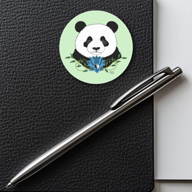 Zen Panda Bear Blue Lotus Yin Yang Green Classic Round Sticker (Creator Uploaded)