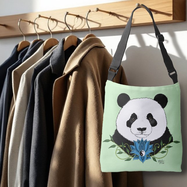 Zen Panda Bear Blue Lotus Yin Yang Green Crossbody Bag (Creator Uploaded)