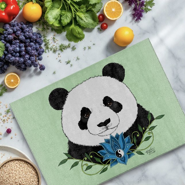 Zen Panda Bear Blue Lotus Yin Yang Green Cutting Board (Creator Uploaded)