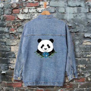 Zen Panda Bear Blue Lotus Yin Yang Green Denim Jacket