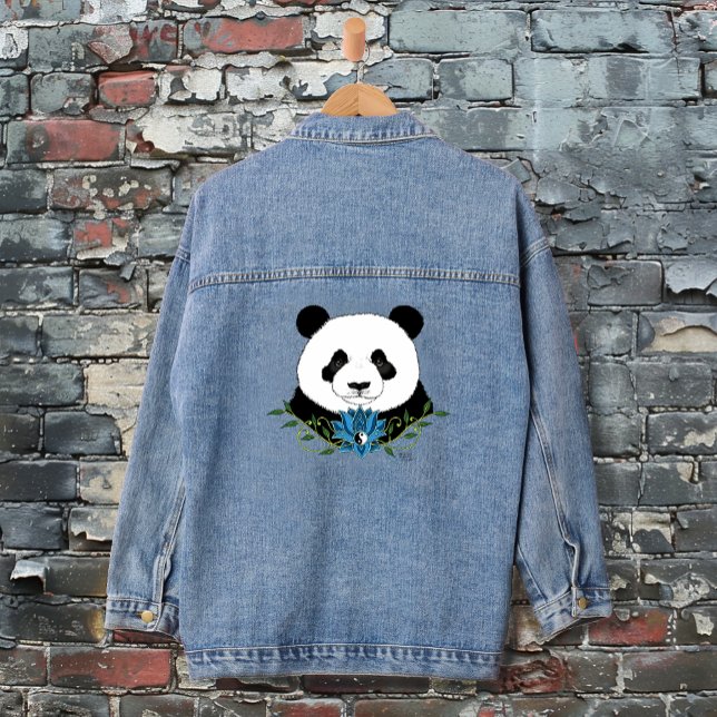 Zen Panda Bear Blue Lotus Yin Yang Green Denim Jacket (Creator Uploaded)