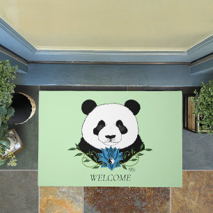 Zen Panda Bear Blue Lotus Yin Yang Green Doormat