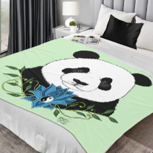 Zen Panda Bear Blue Lotus Yin Yang Green Fleece Blanket